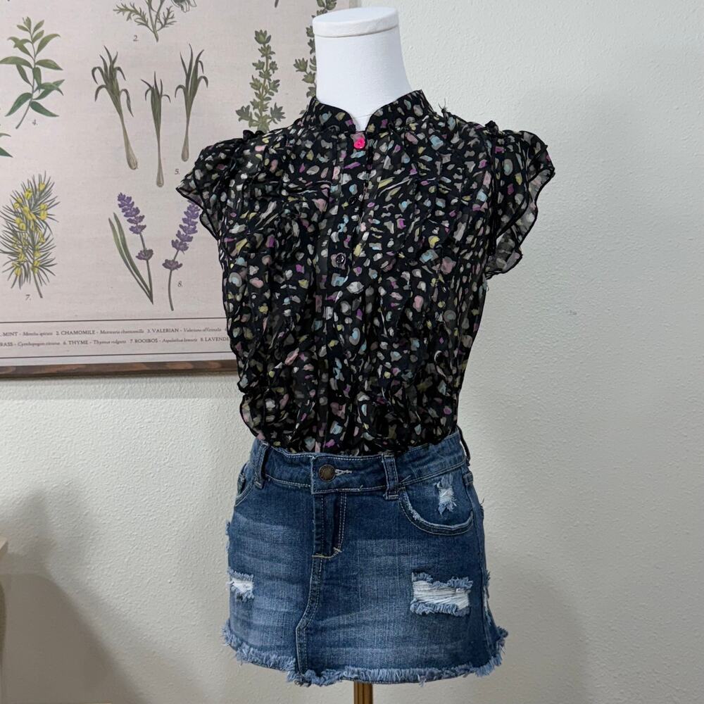 Sheer Black Multicolor Leopard Ruffle Heart Button Up Blouse JFashion Gyaru M